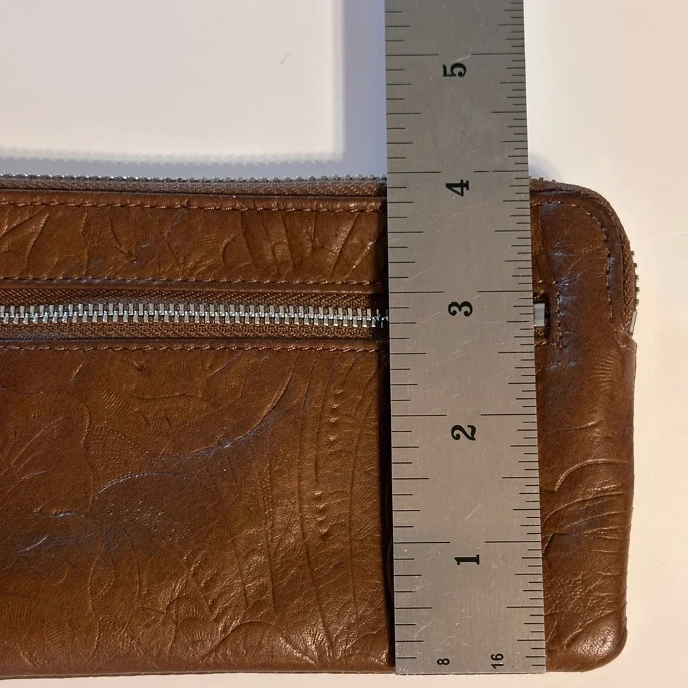 MARGOT Cognac Genuine Leather Card Case Wristlet Wallet Zipper Closure